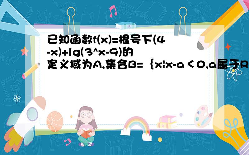 已知函数f(x)=根号下(4-x)+lg(3^x-9)的定义域为A,集合B=｛x|x-a＜0,a属于R｝,求：若AUB=A,求a的取值范围