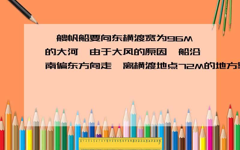 一艘帆船要向东横渡宽为96M的大河,由于大风的原因,船沿南偏东方向走,离横渡地点72M的地方靠岸,已知船在静水的速度为3M/S,风速为2M/S(水流速度不算,船顺着风走),求船行的时间