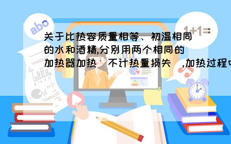 关于比热容质量相等、初温相同的水和酒精,分别用两个相同的加热器加热（不计热量损失）,加热过程中温度随时间的变化图线如图所示,关于a、b两种液体的鉴别结论正确的是（ ） A a的比热