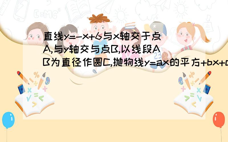 直线y=-x+6与x轴交于点A,与y轴交与点B,以线段AB为直径作圆C,抛物线y=ax的平方+bx+c过A,C,O三点.1.1.求点C的坐标和抛物线的解析式。2.过点B作直线与x轴交于点D，且OB的平方=OA*OD，求证DB时圆C的切线