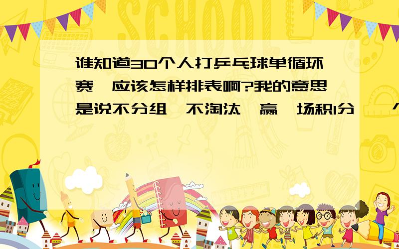 谁知道30个人打乒乓球单循环赛,应该怎样排表啊?我的意思是说不分组,不淘汰,赢一场积1分,一个人打29场比赛,即30个人每两个人都得打比赛.