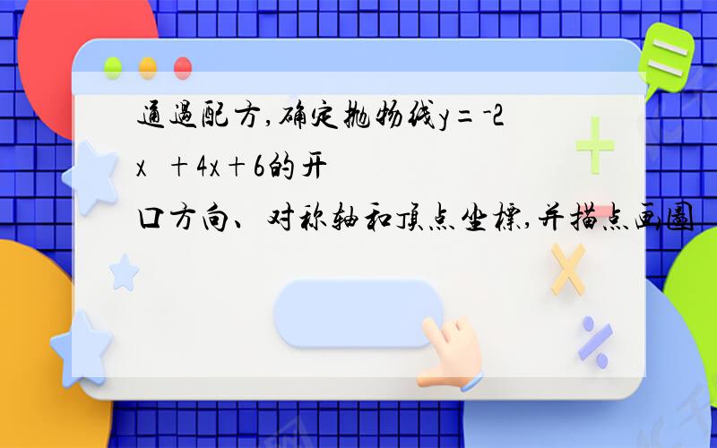 通过配方,确定抛物线y=-2x²+4x+6的开口方向、对称轴和顶点坐标,并描点画图