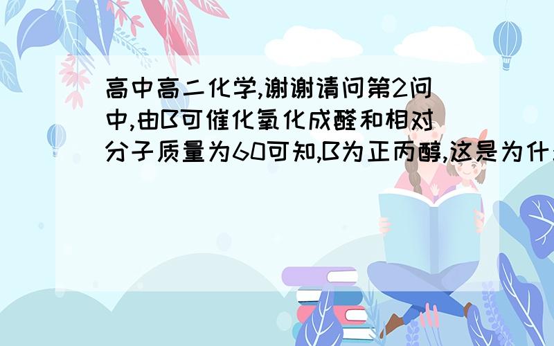 高中高二化学,谢谢请问第2问中,由B可催化氧化成醛和相对分子质量为60可知,B为正丙醇,这是为什么?第4问中的书写方式由来不清楚.如果有必要的话,您可以画画图.不行的话,口述就行了,谢谢.