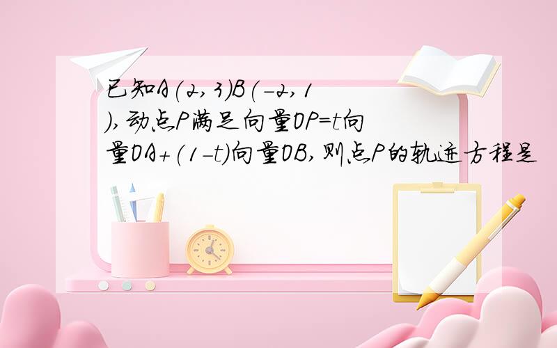 已知A(2,3)B(-2,1),动点P满足向量OP=t向量OA+(1-t)向量OB,则点P的轨迹方程是