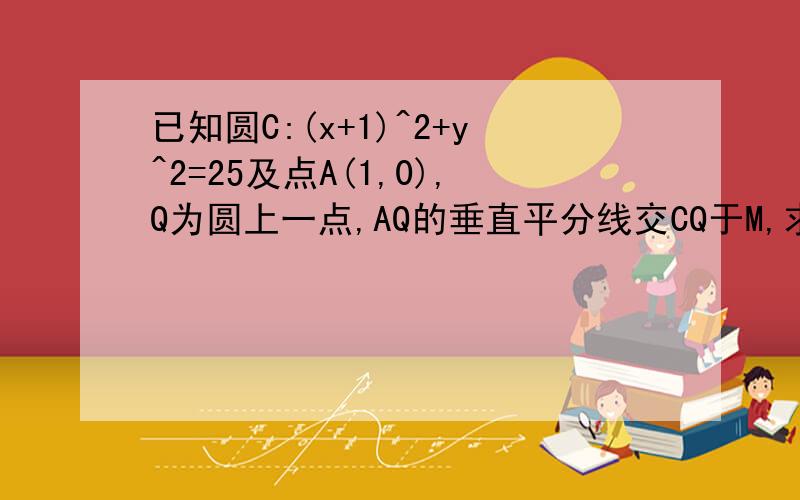 已知圆C:(x+1)^2+y^2=25及点A(1,0),Q为圆上一点,AQ的垂直平分线交CQ于M,求点M的轨迹方程