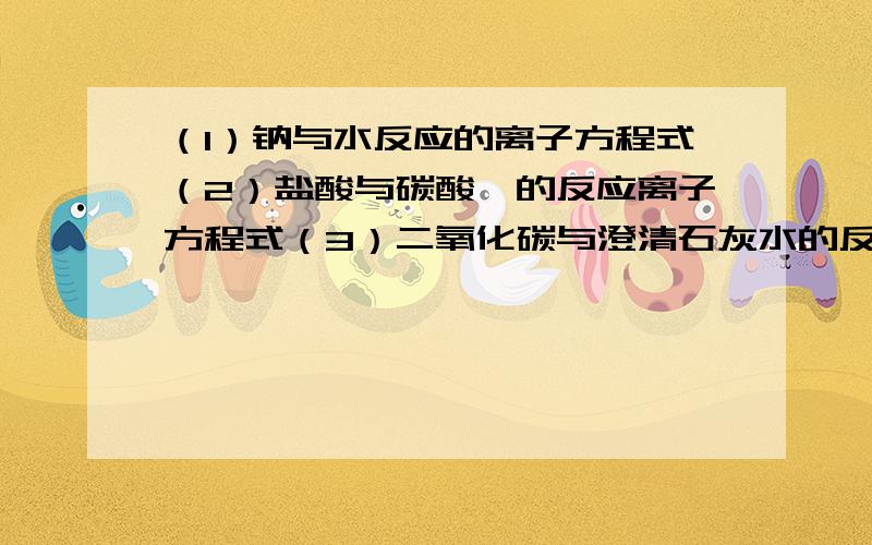 （1）钠与水反应的离子方程式（2）盐酸与碳酸钡的反应离子方程式（3）二氧化碳与澄清石灰水的反应离子...（1）钠与水反应的离子方程式（2）盐酸与碳酸钡的反应离子方程式（3）二氧化