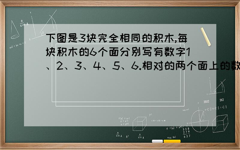 下图是3块完全相同的积木,每块积木的6个面分别写有数字1、2、3、4、5、6.相对的两个面上的数字和最大是画的不好   见谅     其实是完全相同的