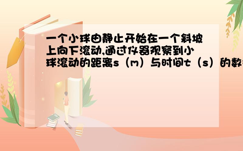 一个小球由静止开始在一个斜坡上向下滚动,通过仪器观察到小球滚动的距离s（m）与时间t（s）的数据为∶当时间t为1时,距离 s为2; 当时间t为2时,距离s为8; 当时间t为3时,距离s为18; 当时间t为4