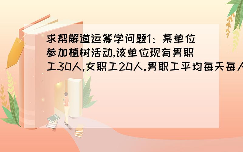 求帮解道运筹学问题1：某单位参加植树活动,该单位现有男职工30人,女职工20人.男职工平均每天每人挖树坑10个,或者栽树30株,或浇树25株；女职工平均每天每人挖树坑5个,或栽树20株,或浇树15