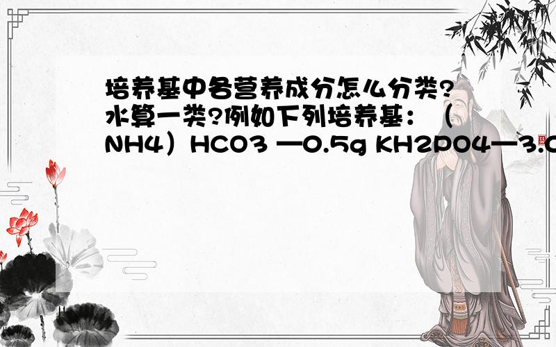 培养基中各营养成分怎么分类?水算一类?例如下列培养基：（NH4）HCO3 —0.5g KH2PO4—3.0g CaSO4—0.5g FeCl2—0.5g 维生素—少许 水—1000ml请问该培养基中有几类营养物质,分别是哪几类?