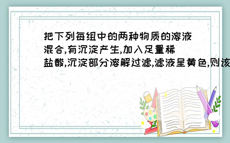 把下列每组中的两种物质的溶液混合,有沉淀产生,加入足量稀盐酸,沉淀部分溶解过滤,滤液呈黄色,则该组物质是选项是 A.氢氧化钠,氯化铁 B.氢氧化钠硫酸铜 C氢氧化钡,硫酸铁 D.碳酸钙,氯化钙