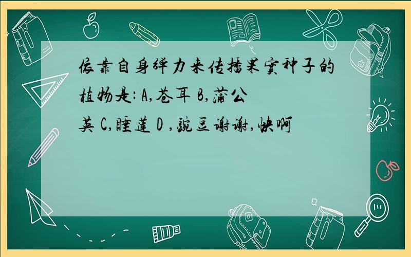 依靠自身弹力来传播果实种子的植物是: A,苍耳 B,蒲公英 C,睡莲 D ,豌豆谢谢,快啊