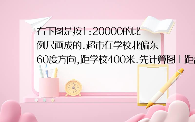 右下图是按1:20000的比例尺画成的.超市在学校北偏东60度方向,距学校400米.先计算图上距离,再在图上标出超市的位置.