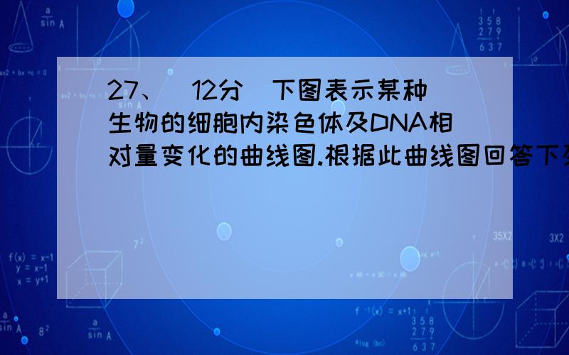 27、（12分）下图表示某种生物的细胞内染色体及DNA相对量变化的曲线图.根据此曲线图回答下列问题：(注：横坐标各个区域代表细胞分裂的各个时期,区域的大小和各个时期所需的时间不成比