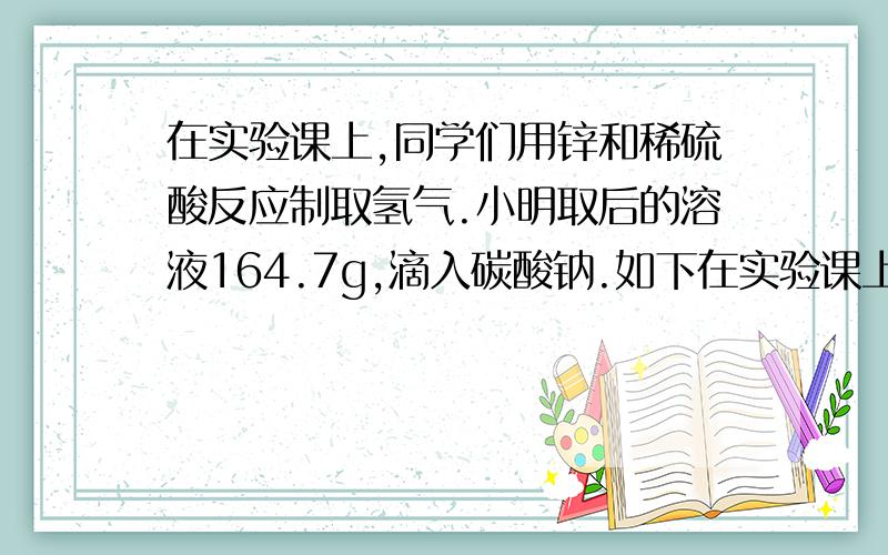 在实验课上,同学们用锌和稀硫酸反应制取氢气.小明取后的溶液164.7g,滴入碳酸钠.如下在实验课上,同学们用锌和稀硫酸反应制取氢气.小明取后的溶液164.7g,滴入碳酸钠溶液,滴入碳酸钠溶液,先