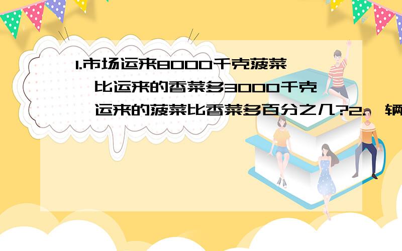 1.市场运来8000千克菠菜,比运来的香菜多3000千克,运来的菠菜比香菜多百分之几?2.一辆汽车从甲地开往乙地,已经行驶了90千米,还剩全程的40%,求还剩多少千米?3.修一条路,第一天修全长的20%,第二