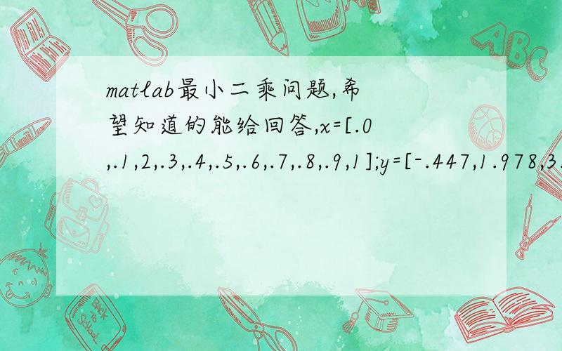 matlab最小二乘问题,希望知道的能给回答,x=[.0,.1,2,.3,.4,.5,.6,.7,.8,.9,1];y=[-.447,1.978,3.28,6.16,7.08,7.34,7.66,9.56,9.48,9.30,11.2];n=2;p=polyfit(x,y,n)x=linspace(0,1,100);%change it laterz=polyval(p,xi);plot(x,y,