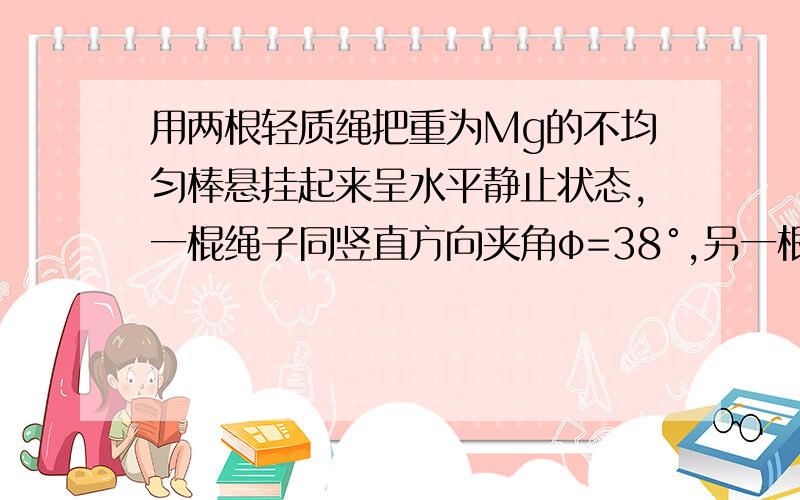 用两根轻质绳把重为Mg的不均匀棒悬挂起来呈水平静止状态,一棍绳子同竖直方向夹角φ=38°,另一根同竖直方向夹角θ=51°．棒长L=6.0m,问重心离右端的距离x等于多少?