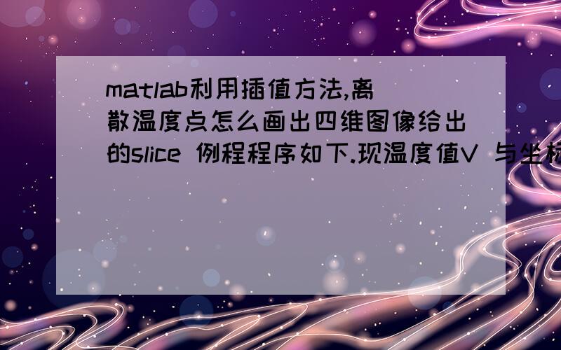 matlab利用插值方法,离散温度点怎么画出四维图像给出的slice 例程程序如下.现温度值V 与坐标没有函数关系,要如何才能画出下图呢?[x,y,z] = meshgrid(-2:.2:2,-2:.25:2,-2:.16:2);v = x.*exp(-x.^2-y.^2-z.^2);  xsl