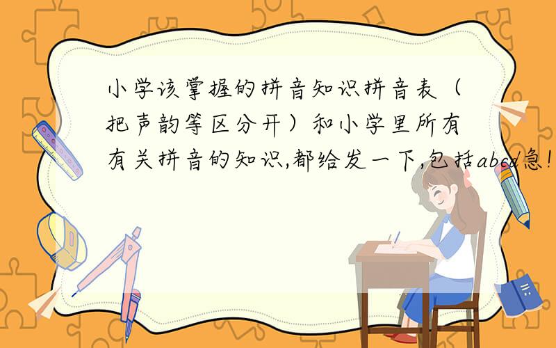 小学该掌握的拼音知识拼音表（把声韵等区分开）和小学里所有有关拼音的知识,都给发一下,包括abcd急!