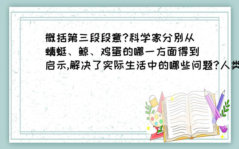 概括第三段段意?科学家分别从蜻蜓、鲸、鸡蛋的哪一方面得到启示,解决了实际生活中的哪些问题?人类的老师科学家们研究了蝙蝠飞行的秘密,从中得到启示,发明了雷达.可以说,蝙蝠是人类的