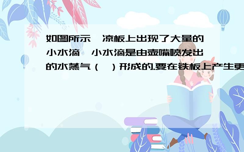 如图所示,凉板上出现了大量的小水滴,小水滴是由壶嘴喷发出的水蒸气（ ）形成的.要在铁板上产生更多的小水滴,可以采取的措施有：（ ）