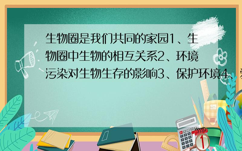 生物圈是我们共同的家园1、生物圈中生物的相互关系2、环境污染对生物生存的影响3、保护环境4、爱护生物圈要简略！四条都要回答！