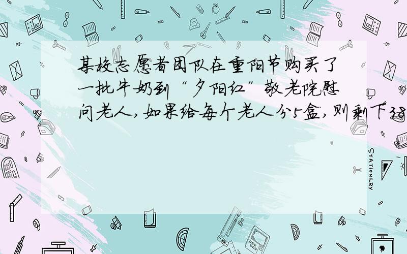 某校志愿者团队在重阳节购买了一批牛奶到“夕阳红”敬老院慰问老人,如果给每个老人分5盒,则剩下38盒,如