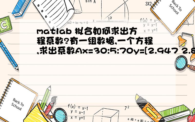 matlab 拟合如何求出方程系数?有一组数据,一个方程,求出系数Ax=30:5:70y=[2.947 2.850 2.683 2.516 2.375 2.248 2.117 2.107 1.928]方程是y=3*exp[A*(1/x-1/298)]我想知道怎么才能求出A?