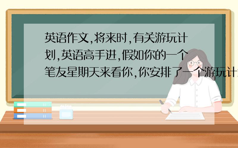 英语作文,将来时,有关游玩计划,英语高手进,假如你的一个笔友星期天来看你,你安排了一个游玩计划,大意如下：早晨8：30在火车站接他后到苏州动物园.那里有很多不同种类的动物.12：00吃午