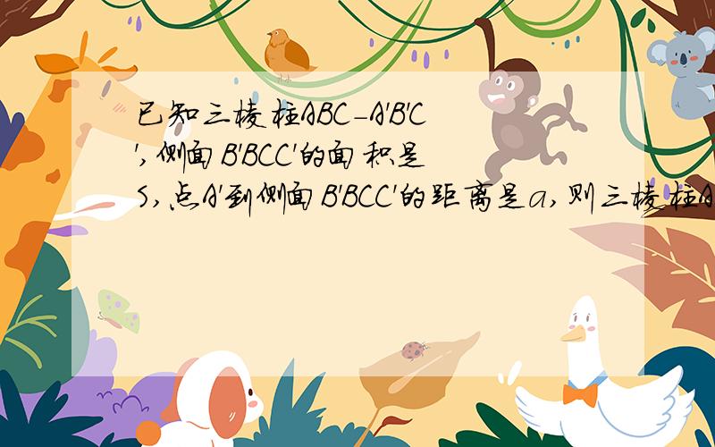 已知三棱柱ABC-A'B'C',侧面B'BCC'的面积是S,点A'到侧面B'BCC'的距离是a,则三棱柱ABC-A'B'C'的体积为?