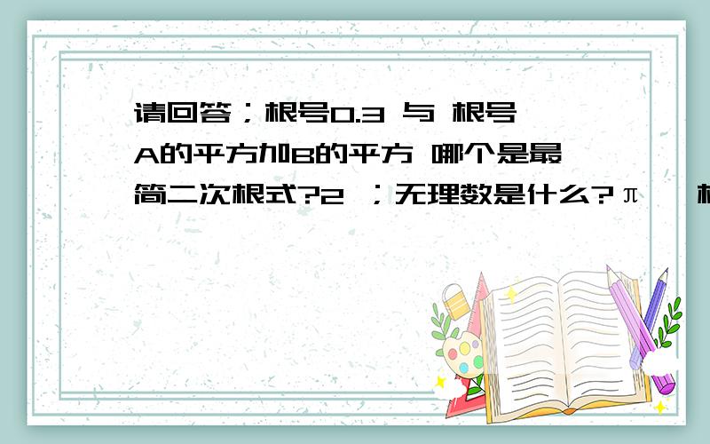 请回答；根号0.3 与 根号A的平方加B的平方 哪个是最简二次根式?2 ；无理数是什么?π ,根号2 是无理数吗?