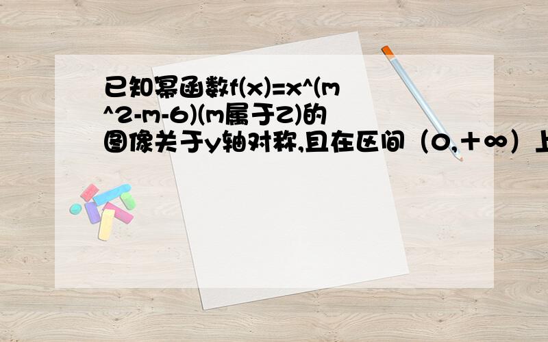 已知幂函数f(x)=x^(m^2-m-6)(m属于Z)的图像关于y轴对称,且在区间（0,＋∞）上单调减,则实数m的值为