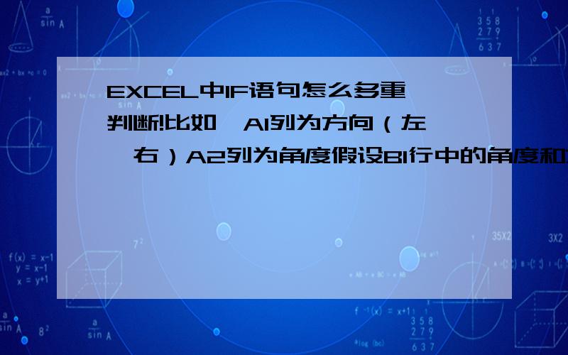 EXCEL中IF语句怎么多重判断!比如,A1列为方向（左,右）A2列为角度假设B1行中的角度和方向为M,N,第一次判断如果A1列中的方向为左那么A2.B2单元格中的角度P=M-90,如果A1列中的方向为右那么A2.B2单