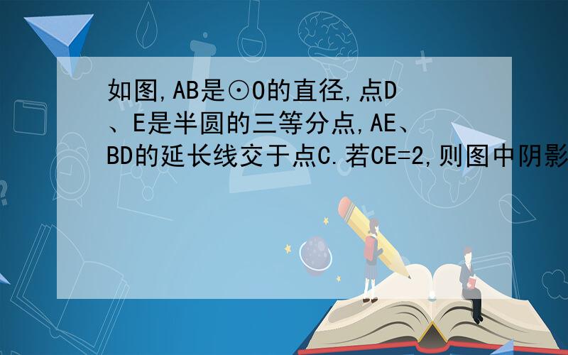 如图,AB是⊙O的直径,点D、E是半圆的三等分点,AE、BD的延长线交于点C.若CE=2,则图中阴影部分的周长!是周长!不是面积!