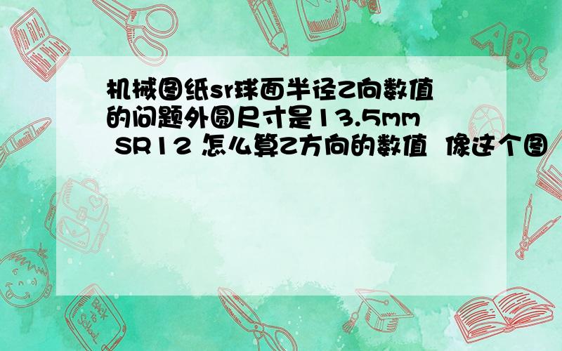 机械图纸sr球面半径Z向数值的问题外圆尺寸是13.5mm SR12 怎么算Z方向的数值  像这个图  球面半径是12  长度是13.5  这个宽度是多少  请问怎么算