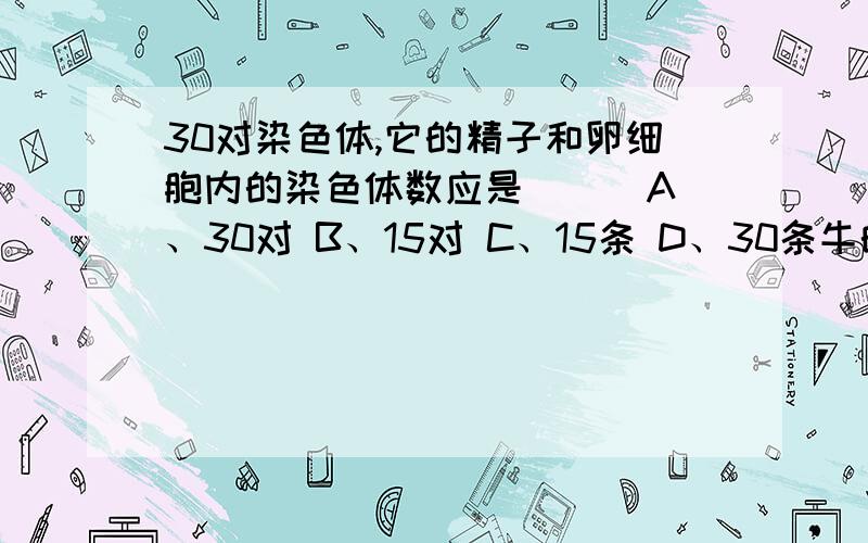 30对染色体,它的精子和卵细胞内的染色体数应是（ ） A、30对 B、15对 C、15条 D、30条牛的体细胞内