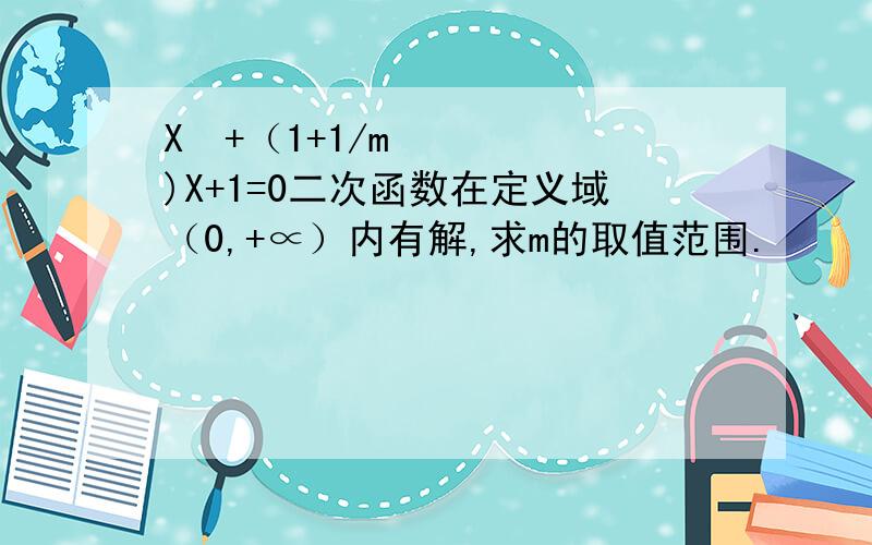 X²+（1+1/m)X+1=0二次函数在定义域（0,+∝）内有解,求m的取值范围.