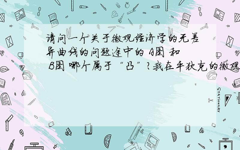 请问一个关于微观经济学的无差异曲线的问题途中的 A图 和 B图 哪个属于“凸”?我在平狄克的微观经济学第七版这本笔记里面P39第二题的第一小问看到说B图是“凸”的但是在P34页对第五题