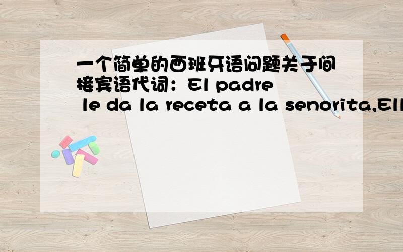 一个简单的西班牙语问题关于间接宾语代词：El padre le da la receta a la senorita,Elle la lee y va por las pastillas.Unos minutos después,vulve con ellas y se las entrega al padre.第一句：El padre le da la receta a la senorita