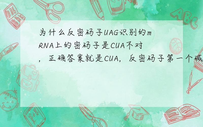 为什么反密码子UAG识别的mRNA上的密码子是CUA不对，正确答案就是CUA，反密码子第一个碱基对密码子的第三个，第三个对第一个！但第二个碱基A不是也可以对应T么？