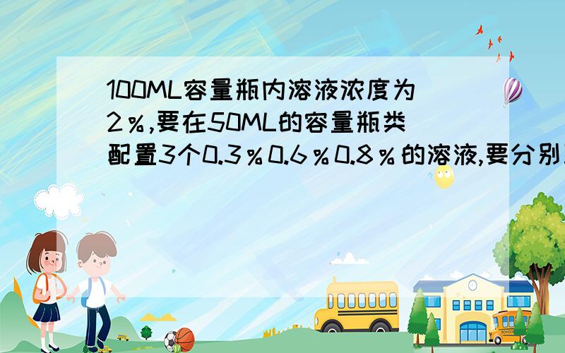 100ML容量瓶内溶液浓度为2％,要在50ML的容量瓶类配置3个0.3％0.6％0.8％的溶液,要分别取多少毫升?