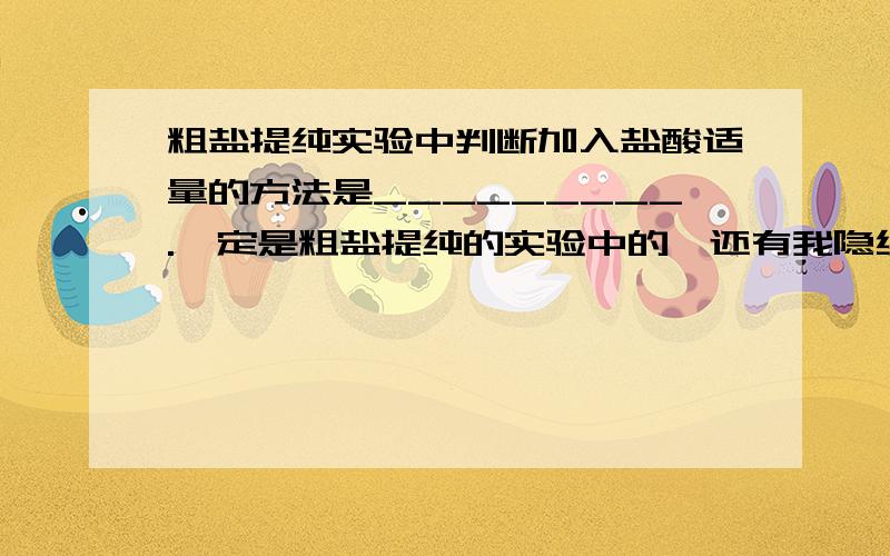 粗盐提纯实验中判断加入盐酸适量的方法是_________.一定是粗盐提纯的实验中的,还有我隐约记得答案好像不是加入酸碱指示剂,什么逐滴加入直到不再冒气泡,不知是否对,望高手指教.应该不必