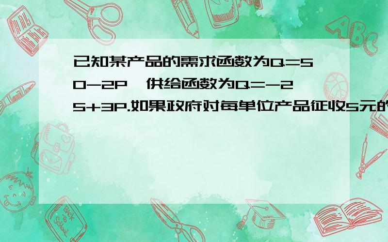 已知某产品的需求函数为Q=50-2P,供给函数为Q=-25+3P.如果政府对每单位产品征收5元的销售税,则买者与卖者各自承担了多少税额?为什么?