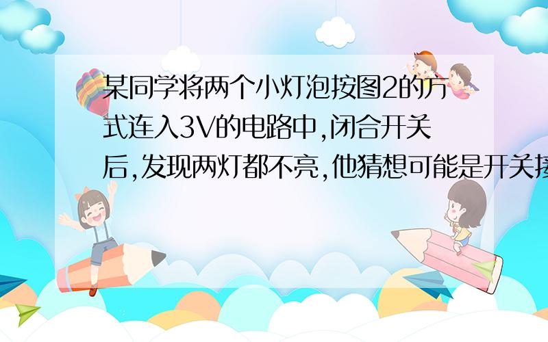 某同学将两个小灯泡按图2的方式连入3V的电路中,闭合开关后,发现两灯都不亮,他猜想可能是开关接触不良.在他的检测中,不可能出现的是?A 测量ab间的电压是0B cd间的电压是3VC be间的电压是0D d