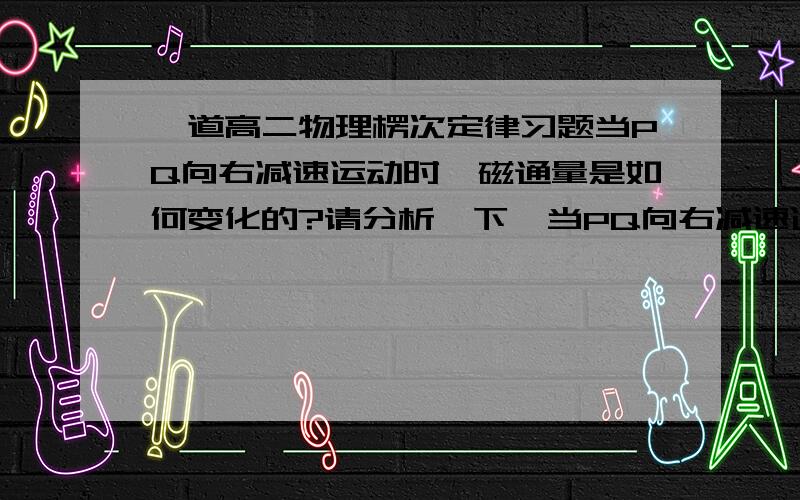 一道高二物理楞次定律习题当PQ向右减速运动时,磁通量是如何变化的?请分析一下,当PQ向右减速运动时,MN的电流方向.