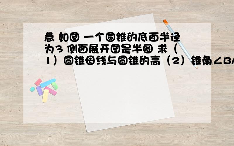 急 如图 一个圆锥的底面半径为3 侧面展开图是半圆 求（1）圆锥母线与圆锥的高（2）锥角∠BAC的大小（3）圆锥ABC的表面积