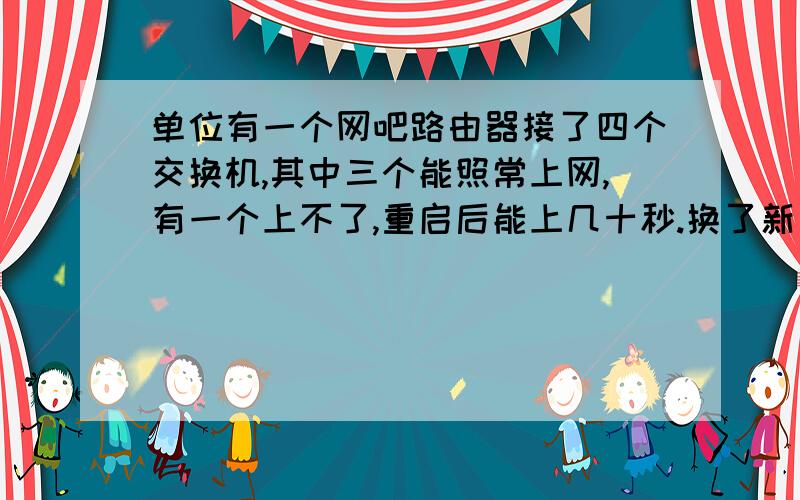 单位有一个网吧路由器接了四个交换机,其中三个能照常上网,有一个上不了,重启后能上几十秒.换了新交换机,