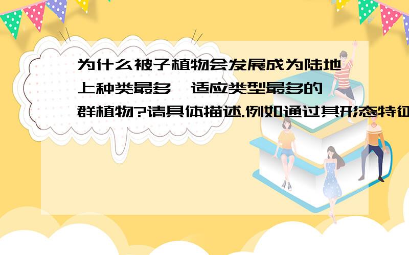 为什么被子植物会发展成为陆地上种类最多、适应类型最多的一群植物?请具体描述.例如通过其形态特征等方面进行详细阐述