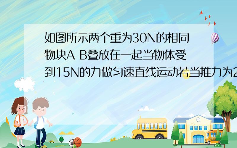 如图所示两个重为30N的相同物块A B叠放在一起当物体受到15N的力做匀速直线运动若当推力为20N时两物体一起做加速运动此时物体A受到B对它的（     ）填前或后  的摩擦力